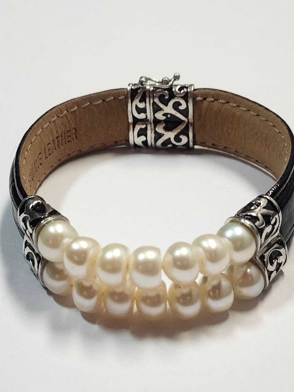 Vtg Honora Sterling Silver Fresh Water Pearl Black Leather Strap Bracelet 6.5"